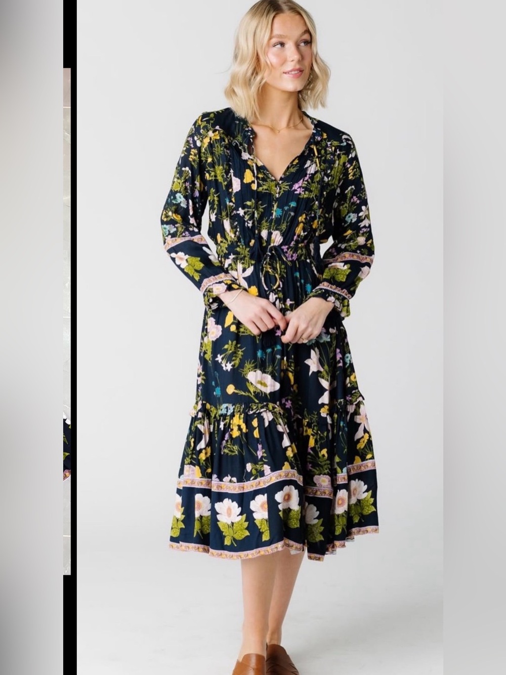Women’s Navy Floral Tiered Midi Dress with Long Sleeves